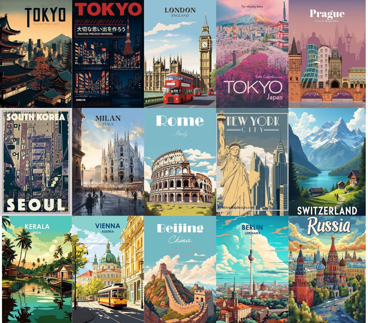 Vintage Travel Poster Set, World Cities Collection, 4x6 Inch